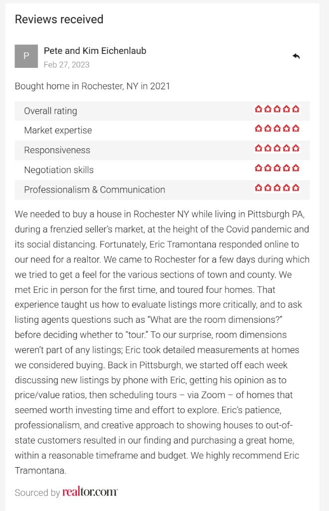 Eric Tramontana Hallmark Properties New York client review Pennsylvania to Rochester relocation